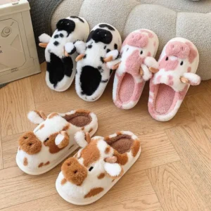 Fluffy Cartoon Cow Slippers