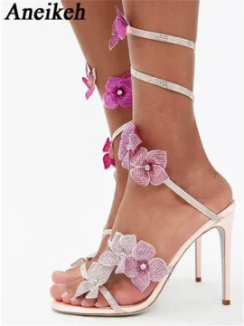 Crystal Flower Ankle Strap Heels