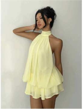 Aloruh Women's Chiffon Elegant Butter Yellow Halter Tie Mini Dress,Women Dating Dress