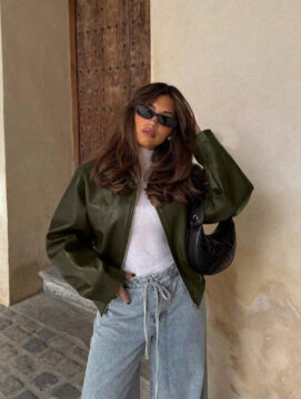 Women's Retro Lapel Long Sleeve Minimalist PU Leather Loose Jacket, Women's Fashion New Distressed Leather Jacket, Autumn Solid Color Zipper Long Sleeve Vintage PU Jacket