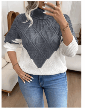 Elenzga Plus Size Color Block Patchwork Turtleneck Sweater, Casual Design For Autumn And Winter Knit Pullover Fall Outfit