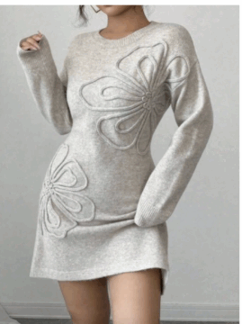 Elegant Round Neck Long Sleeve Oversized Embroidered Floral Midi Dress Sweater Dress, Versatile for Many Occasions and Seasons, Autumn Winter