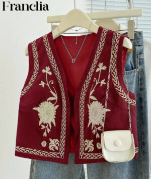 Franclia Women's Floral Embroidered Casual Versatile Sleeveless Lightweight Jacket