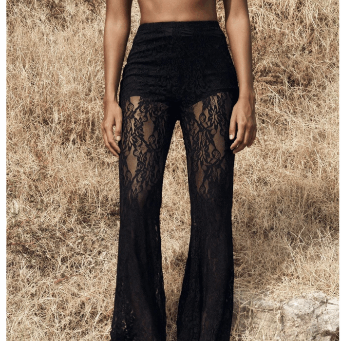 Opulessa Women's High Waist Flare Lace Knit Elegant Pants For Women To Date , Elegant Style, Elegant Clothes For Women ,Sxy Outfits, Night Out Outfits, Going Out Outfit,Lace Flared Pants,For Autumn And Winter