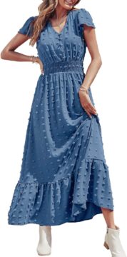 PRETTYGARDEN Womens Dresses 2025 Summer Maxi Dress Boho Short Sleeve V Neck Swiss Dot Ruffle Tiered Smocked Flowy Long Dress X-Large A-blue