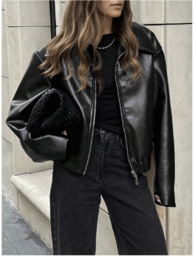 Women's Retro Collar Long Sleeve Minimalist PU Leather Loose Jacket, Women's Fashion New Distressed Leather Jacket, Autumn Solid Color Zipper Long Sleeve Vintage PU Jacket