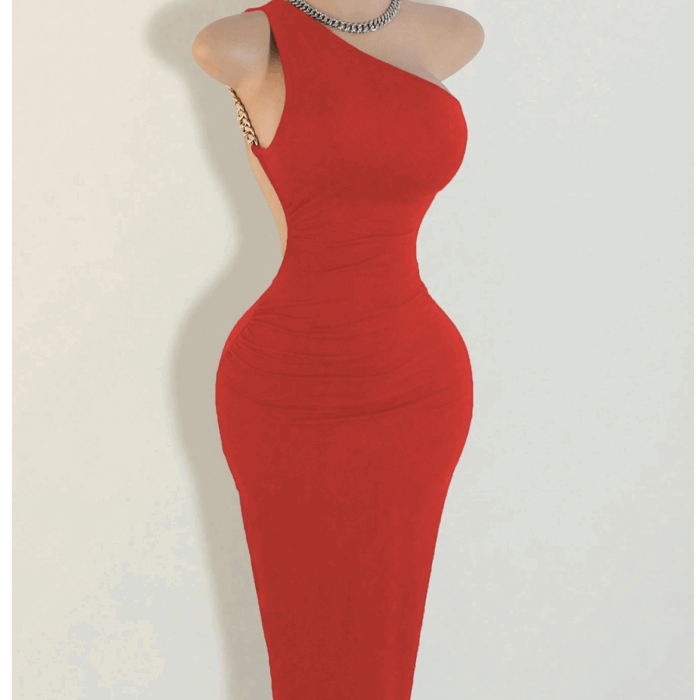 Mistrie Women's Sexy Spaghetti Strap Chain Decor Backless Long Dress