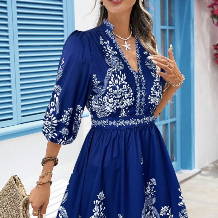 Vivid Eden Women's Floral Print V-Neck Lantern Sleeve Casual Short Dress For Vacation