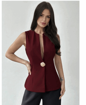 Firerie Women's Casual And Elegant Deep V-Neck Sleeveless Fitted Top With Metal Buckle, Suitable For Casual, Commuting, And Business Occasions / Burgundy Vest / New Year