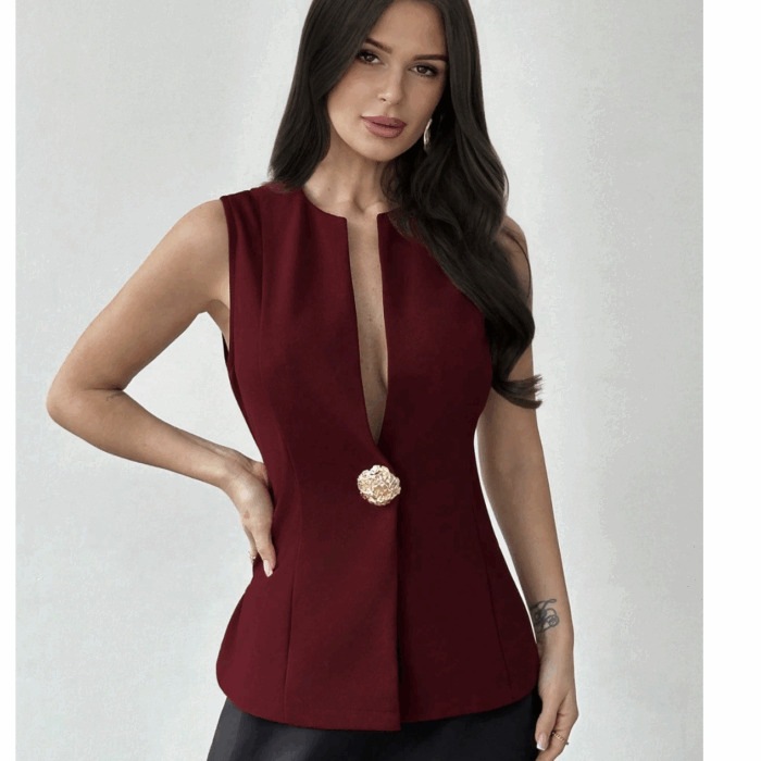 Firerie Women's Casual And Elegant Deep V-Neck Sleeveless Fitted Top With Metal Buckle, Suitable For Casual, Commuting, And Business Occasions / Burgundy Vest / New Year