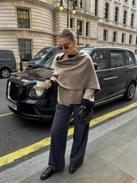 Women's Fashionable Minimalist Solid Color Button Overcoat, Knitted Poncho With Open Front And Button Details, Long Sleeve Regular Fit, Suitable For Everyday Wear In Autumn/Winter