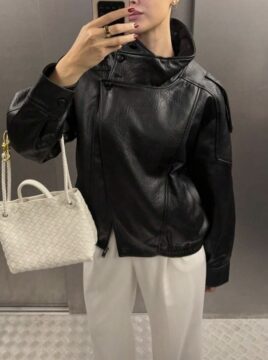 Women Casual Chic Black Leather Long Sleeve Oversized Moto Jacket, Fashion 2026 Streetwear Wind Proof Outwears New Year Spring Valentine's Day
