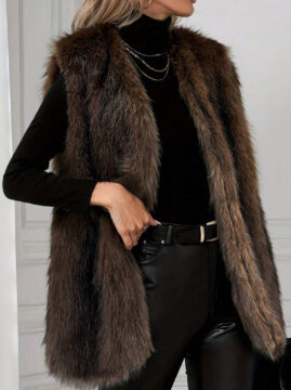 Women's Elegant Faux Fur Sleeveless Long Vest, Solid Color Regular Style Cardigan Vest, Women's Winter Clothing