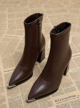 2025 Spring Autumn New Versatile Women Elegant Coffee Brown Boots, Thick Heel High Heel Pointed Toe Ankle Boots, Fashion Short Boots For Autumn Winter