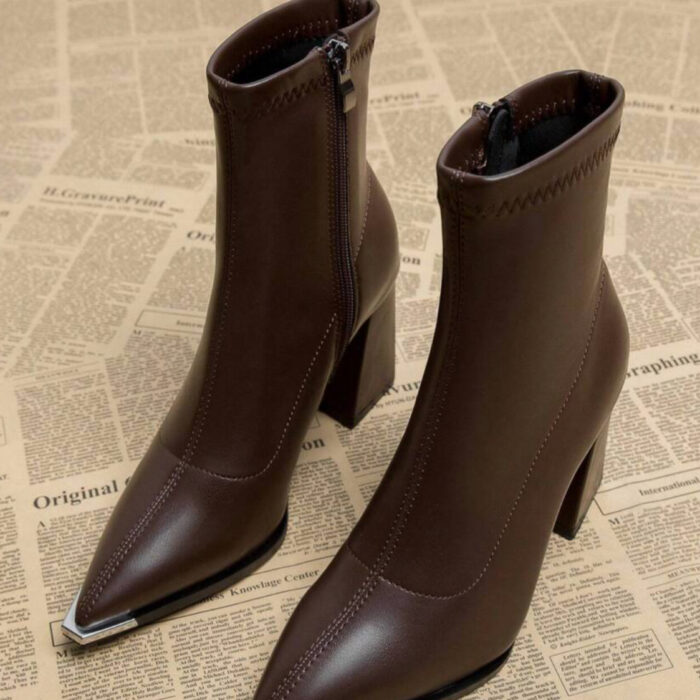2025 Spring Autumn New Versatile Women Elegant Coffee Brown Boots, Thick Heel High Heel Pointed Toe Ankle Boots, Fashion Short Boots For Autumn Winter