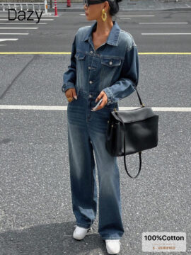 DAZY Fashionable Washed Vintage Jumpsuit, New Long Sleeve Denim Jumpsuit
