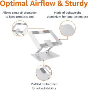 Amazon Basics Sturdy and Portable Ergonomic Laptop Stand for Desk, Height Adjustable Riser with Ventilated Cooling, Foldable, Fits all Laptops up to 17.3 Inch, Silver, 10 x 8.7 x 6 in