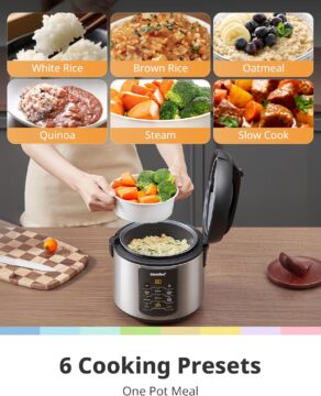 COMFEE' Compact Rice Cooker, 6-in-1 Stainless Steel Multi Cooker, Slow Cooker, Steamer, Saute, and Warmer, 2 QT, 8 Cups Cooked(4 Cups Uncooked), Brown Rice, Quinoa and Oatmeal, 6 One-Touch Programs 6 Presets_4 Cups Uncooked