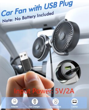 Car Fan USB Powered for Baby: Dual Car Cooling Fans for Backseat 3 Speed Separate Controlled Quiet Brushless Motor 360° Rotatable 5V 2A Rear Seat Air Circulation for Vehicle Van Truck SUV RV(USB Plug) Black+Gray